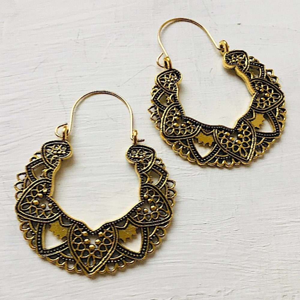 Gold Mandala Boho Vintage Hoop Statement Earrings